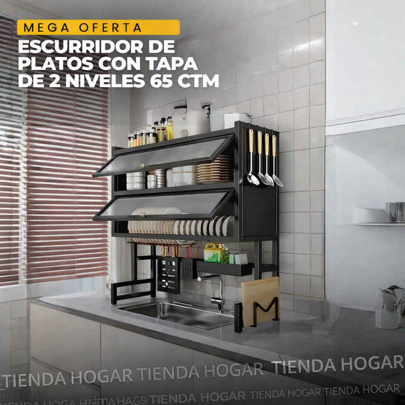 Escurridor de platos con tapa de 2 niveles  65 ctm