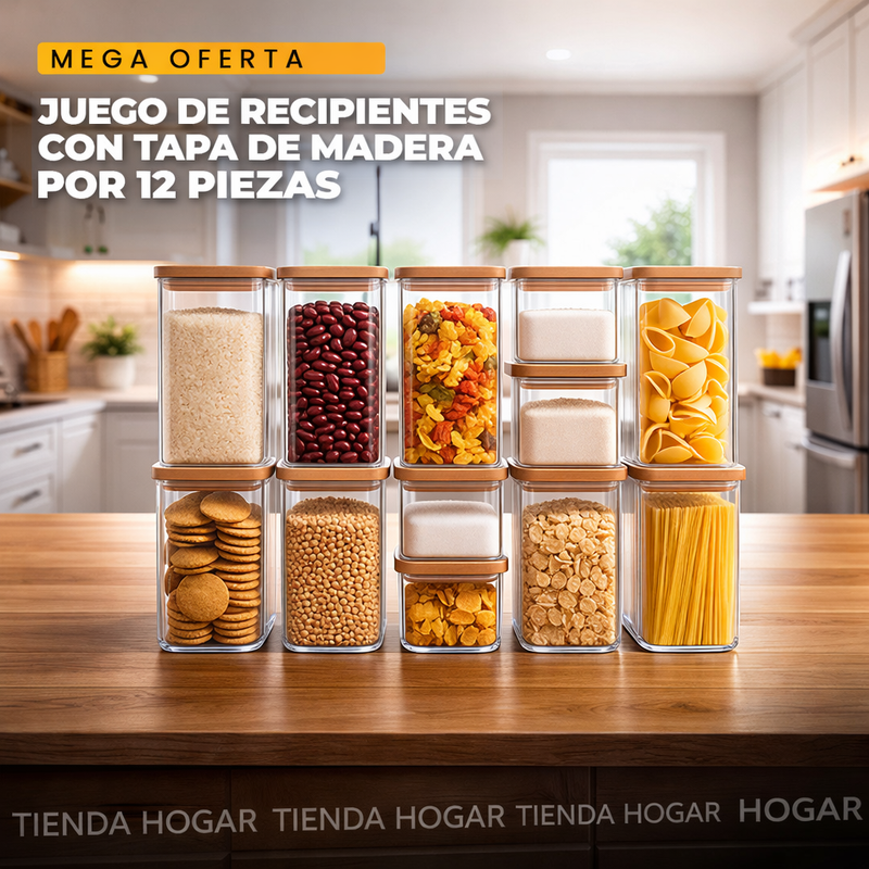 Juego de recipientes x12 unidades tapa de madera